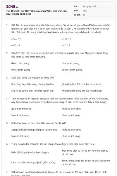 Top 10 đề thi thử THPT Quốc gia môn Vật Lí mới nhất năm 2021 có đáp án (Đề 30)