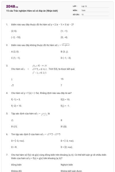 15 câu  Trắc nghiệm Hàm số có đáp án (Nhận biết)