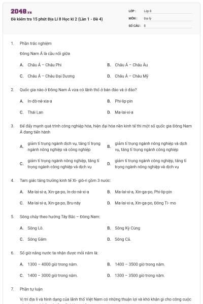 Đề kiểm tra 15 phút Địa Lí 8 Học kì 2 (Lần 1 - Đề 4)