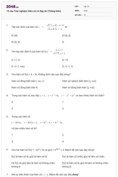 15 câu  Trắc nghiệm Hàm số có đáp án (Thông hiểu)