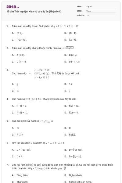 15 câu Trắc nghiệm Hàm số có đáp án (Nhận biết)