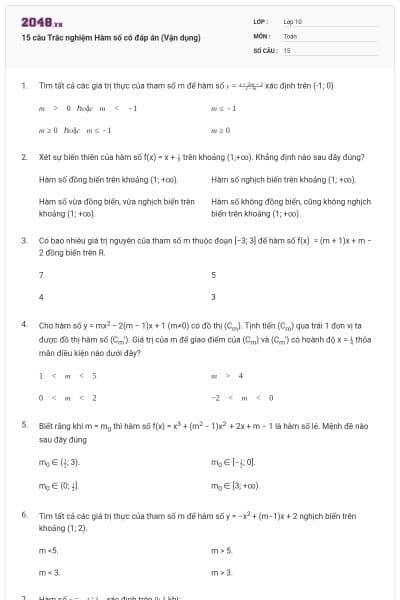 15 câu  Trắc nghiệm Hàm số có đáp án (Vận dụng)