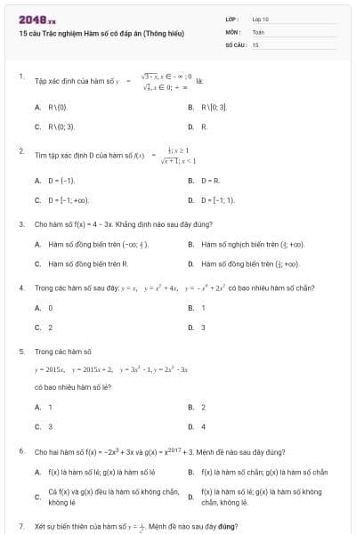 15 câu Trắc nghiệm Hàm số có đáp án (Thông hiểu)