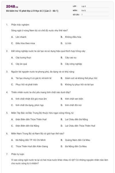 Đề kiểm tra 15 phút Địa Lí 8 Học kì 2 (Lần 2 - Đề 1)