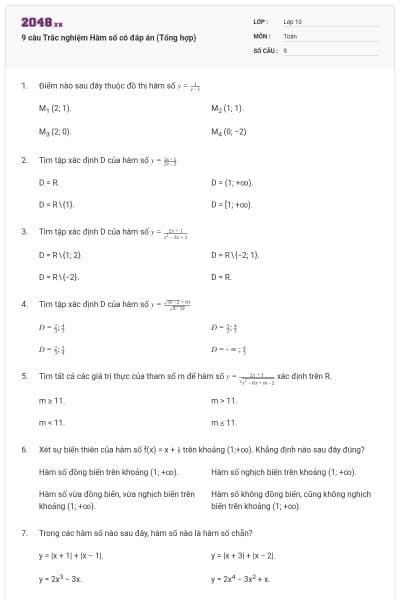 9 câu Trắc nghiệm Hàm số có đáp án (Tổng hợp)