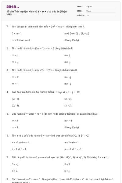 15 câu Trắc nghiệm Hàm số y = ax + b có đáp án (Nhận biết)