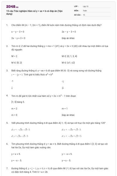 15 câu Trắc nghiệm Hàm số y = ax + b có đáp án (Vận dụng)