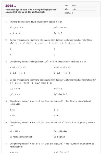 8 câu Trắc nghiệm Toán 9 Bài 4: Công thức nghiệm của phương trình bậc hai có đáp án (Nhận biết)