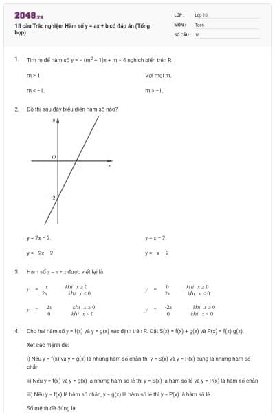 18 câu  Trắc nghiệm Hàm số y = ax + b có đáp án (Tổng hợp)