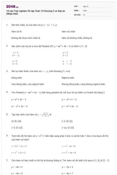 10 câu  Trắc nghiệm Ôn tập Toán 10 Chương 2 có đáp án (Nhận biết)