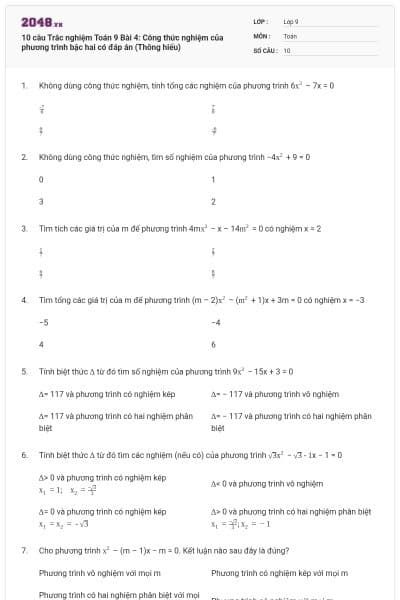 10 câu Trắc nghiệm Toán 9 Bài 4: Công thức nghiệm của phương trình bậc hai có đáp án (Thông hiểu)