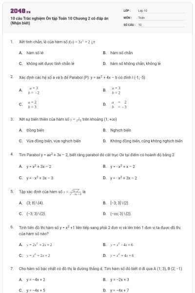 10 câu Trắc nghiệm Ôn tập Toán 10 Chương 2 có đáp án (Nhận biết)