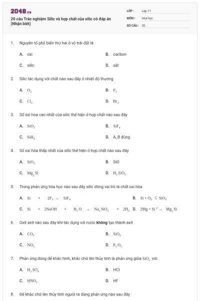 20 câu Trắc nghiệm Silic và hợp chất của silic có đáp án (Nhận biết)