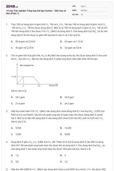 10 câu Trắc nghiệm Tổng hợp bài tập Cacbon - Silic hay và khó (Phần 1)