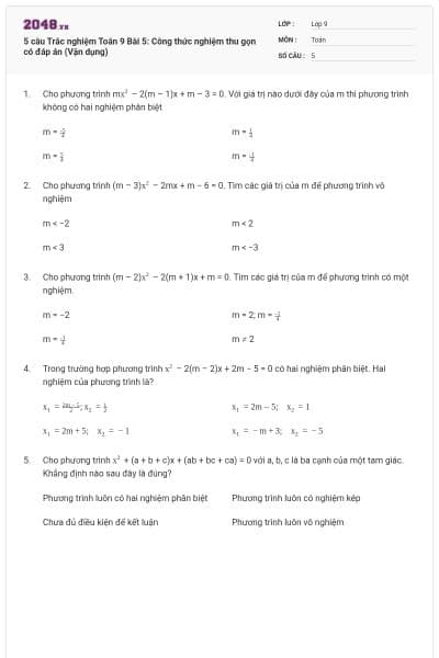 5 câu Trắc nghiệm Toán 9 Bài 5: Công thức nghiệm thu gọn có đáp án (Vận dụng)