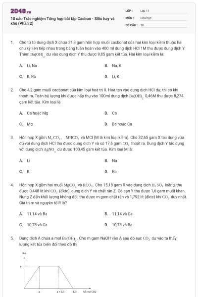 10 câu Trắc nghiệm Tổng hợp bài tập Cacbon - Silic hay và khó (Phần 2)