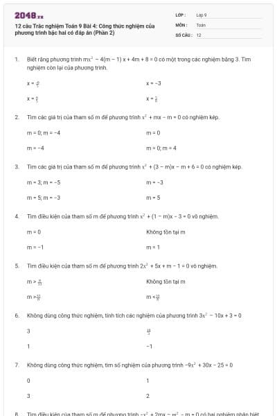12 câu Trắc nghiệm Toán 9 Bài 4: Công thức nghiệm của phương trình bậc hai có đáp án (Phần 2)