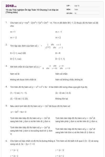 10 câu  Trắc nghiệm Ôn tập Toán 10 Chương 2 có đáp án (Thông hiểu)