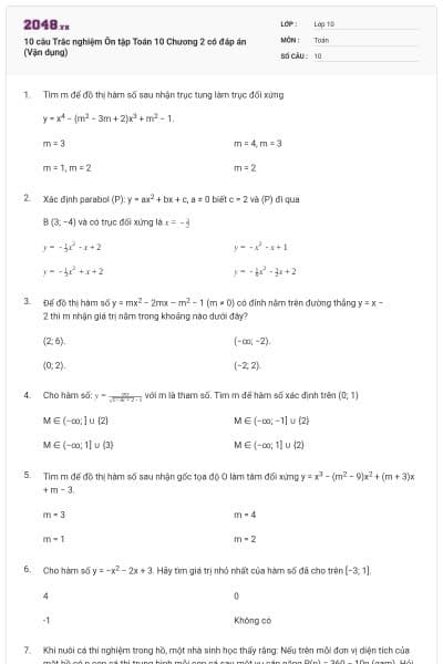 10 câu  Trắc nghiệm Ôn tập Toán 10 Chương 2 có đáp án (Vận dụng)