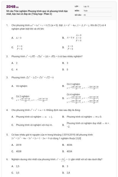 50 câu Trắc nghiệm Phương trình quy về phương trình bậc nhất, bậc hai có đáp án (Tổng hợp- Phần 2)