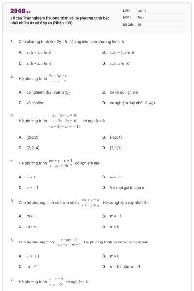 10 câu Trắc nghiệm Phương trình và hệ phương trình bậc nhất nhiều ẩn có đáp án (Nhận biết)