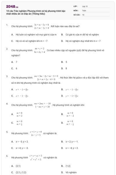 10 câu Trắc nghiệm Phương trình và hệ phương trình bậc nhất nhiều ẩn có đáp án (Thông hiểu)
