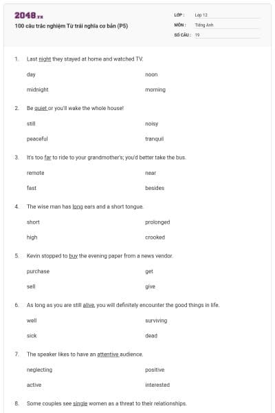 100 câu trắc nghiệm Từ trái nghĩa cơ bản (P5)