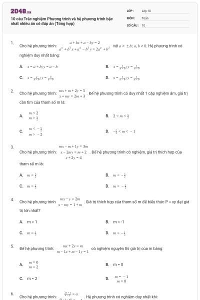 10 câu Trắc nghiệm Phương trình và hệ phương trình bậc nhất nhiều ẩn có đáp án (Tổng hợp)