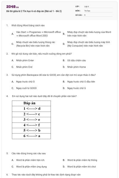 Đề thi giữa kì 2 Tin học 6 có đáp án (Bài số 1 - Đề 2)