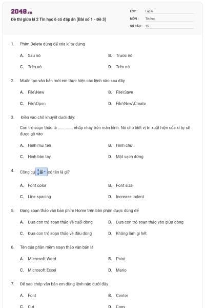 Đề thi giữa kì 2 Tin học 6 có đáp án (Bài số 1 - Đề 3)