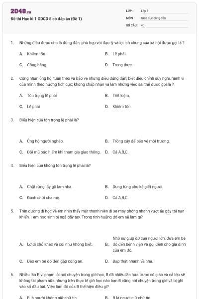 Đề thi Học kì 1 GDCD 8 có đáp án (Đề 1)