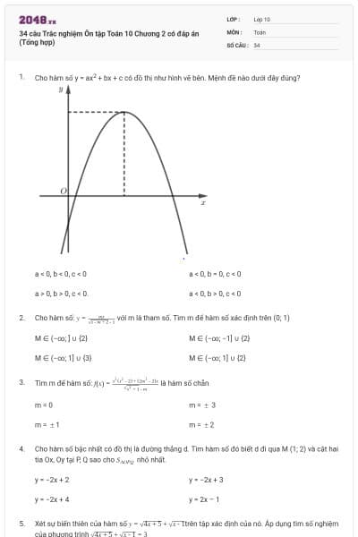 34 câu Trắc nghiệm Ôn tập Toán 10 Chương 2 có đáp án (Tổng hợp)