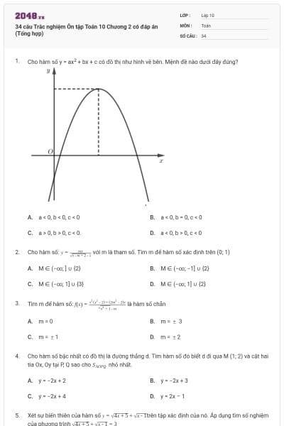 34 câu Trắc nghiệm Ôn tập Toán 10 Chương 2 có đáp án (Tổng hợp)