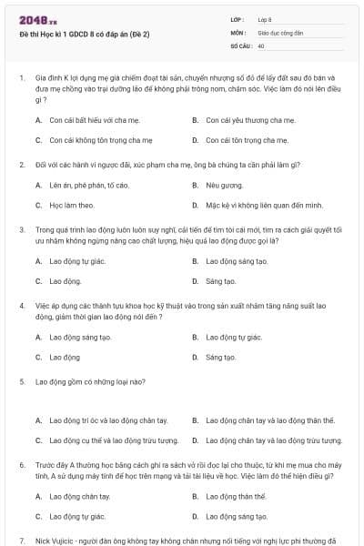 Đề thi Học kì 1 GDCD 8 có đáp án (Đề 2)