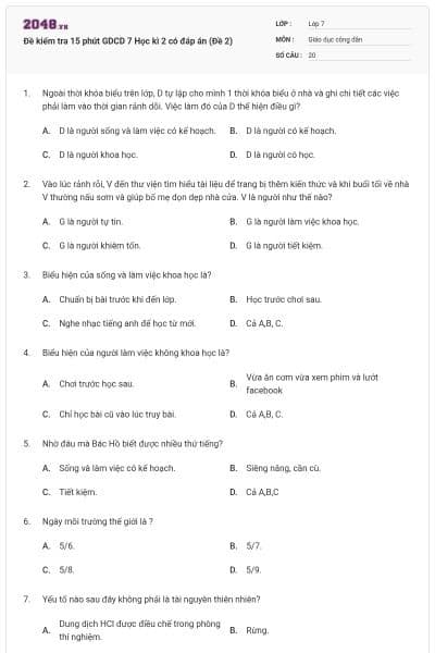 Đề kiểm tra 15 phút GDCD 7 Học kì 2 có đáp án (Đề 2)