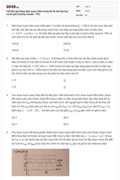 235 Bài tập Dòng điện xoay chiều trong đề thi thử Đại học có lời giải (trường chuyên - P5)