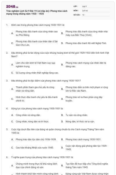 Trắc nghiệm Lịch Sử 9 Bài 19 (có đáp án): Phong trào cách mạng trong những năm 1930 - 1935
