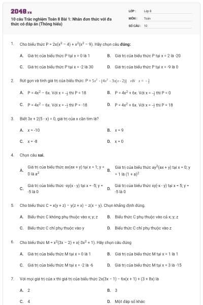 10 câu Trắc nghiệm Toán 8 Bài 1: Nhân đơn thức với đa thức có đáp án (Thông hiểu)