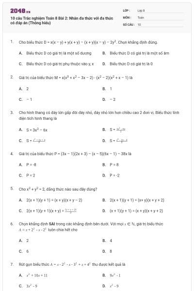 10 câu Trắc nghiệm Toán 8 Bài 2: Nhân đa thức với đa thức có đáp án (Thông hiểu)