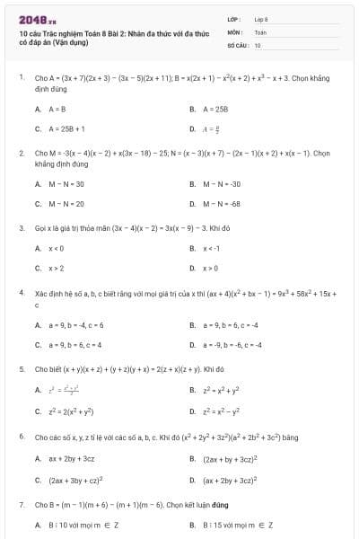 10 câu Trắc nghiệm Toán 8 Bài 2: Nhân đa thức với đa thức có đáp án (Vận dụng)