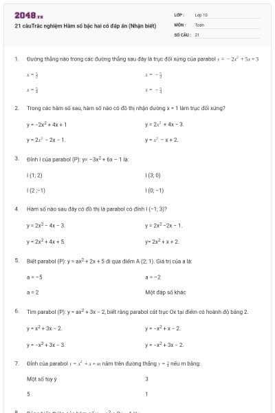 21 câuTrắc nghiệm Hàm số bậc hai có đáp án (Nhận biết)