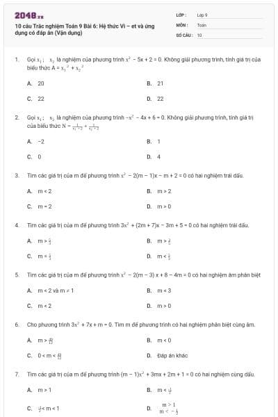 10 câu Trắc nghiệm Toán 9 Bài 6: Hệ thức Vi – et và ứng dụng có đáp án (Vận dụng)