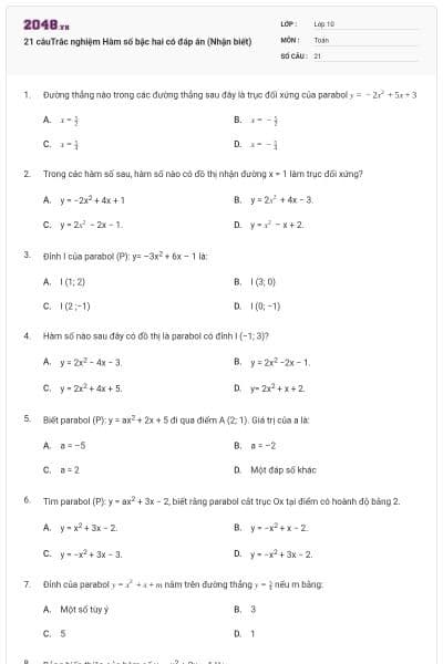 21 câuTrắc nghiệm Hàm số bậc hai có đáp án (Nhận biết)