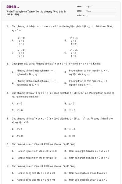 7 câu Trắc nghiệm Toán 9: Ôn tập chương IV có đáp án (Nhận biết)