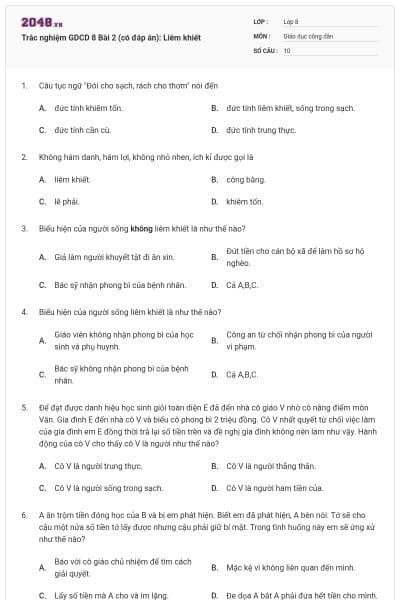 Trắc nghiệm GDCD 8 Bài 2 (có đáp án): Liêm khiết