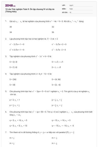 10 câu Trắc nghiệm Toán 9: Ôn tập chương IV có đáp án (Thông hiểu)