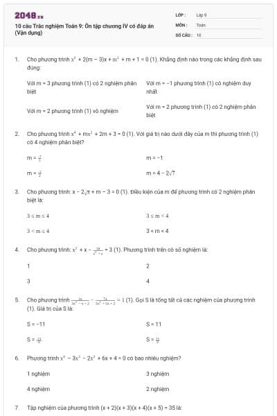 10 câu Trắc nghiệm Toán 9: Ôn tập chương IV có đáp án (Vận dụng)