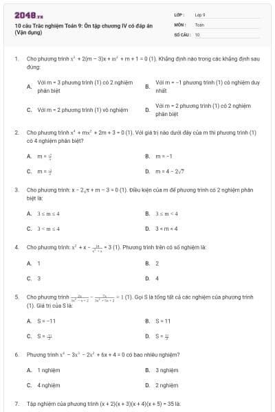 10 câu Trắc nghiệm Toán 9: Ôn tập chương IV có đáp án (Vận dụng)