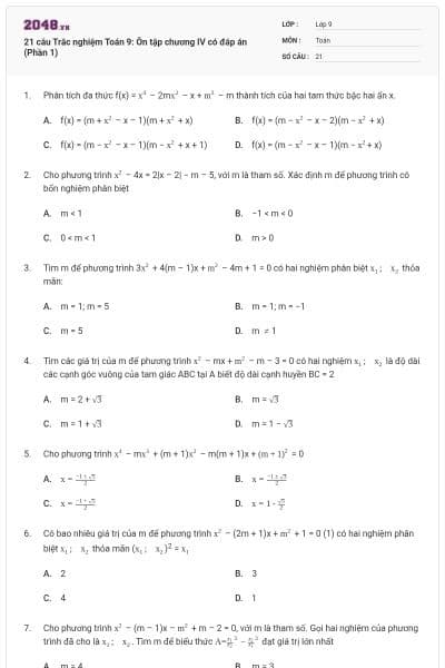 21 câu Trắc nghiệm Toán 9: Ôn tập chương IV có đáp án (Phần 1)