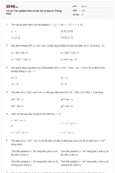 15 câu  Trắc nghiệm Hàm số bậc hai có đáp án (Thông hiểu)